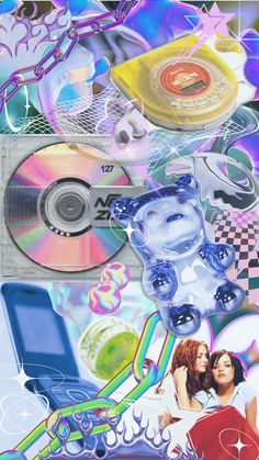 Y2K CD and gadget collage with retro timestamp and metallic background